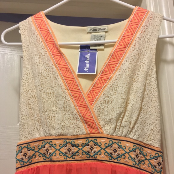 Maxi cream and coral boho semi-formal Flying Tomato floor length chiffon dress - Picture 2 of 4